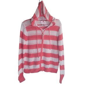 Quacker Factory Loose Knit Full Zip Hooded Sweater Women's Large Striped Beachy